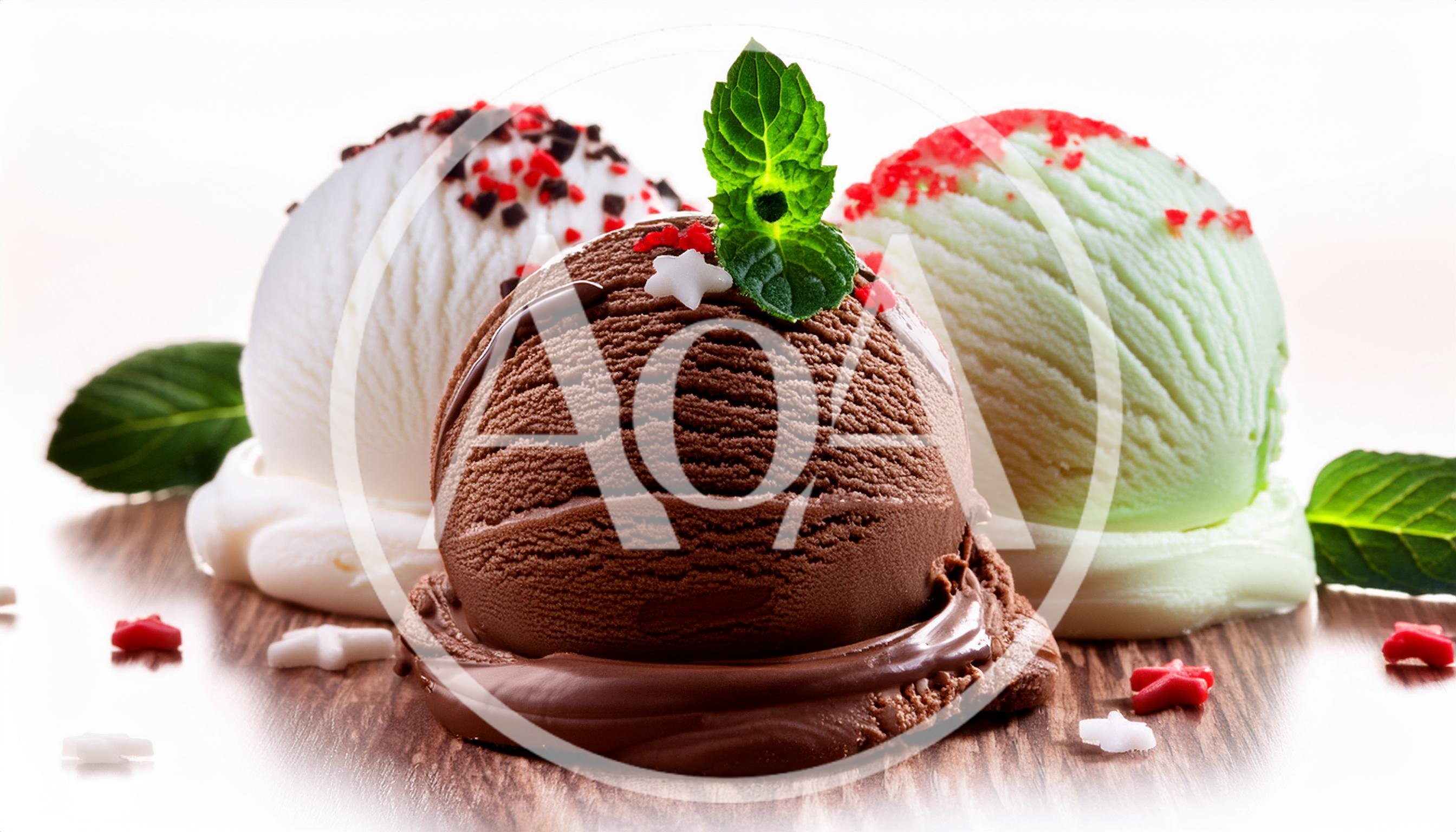 Three Scoops Of Gourmet Ice Cream With Mint Garnish