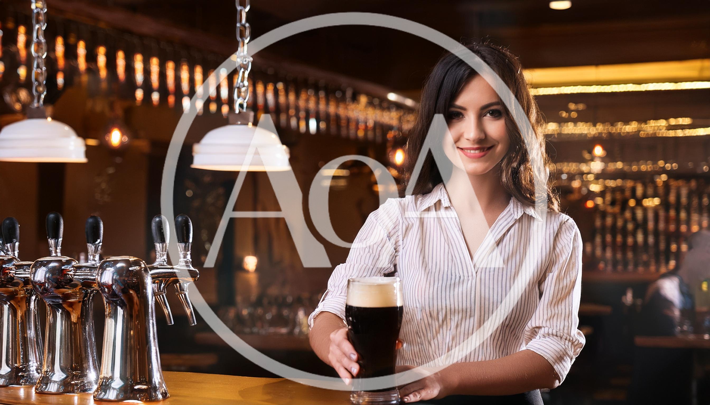 Smiling Female Bartender Serving A Pint Of Stout Beer