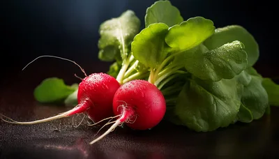 Two Fresh Red Radishes With Green Leaves