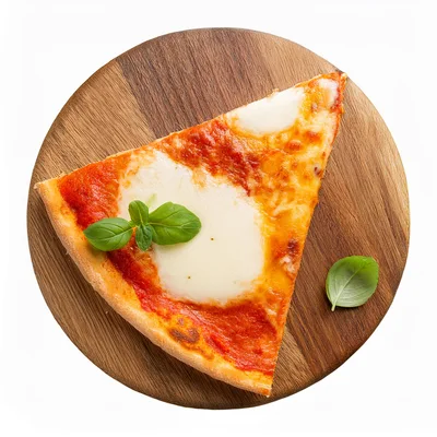 Single Slice Of Margherita Pizza On Wooden Board