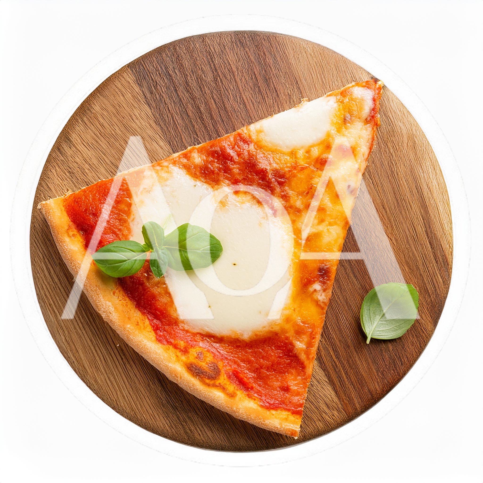 Single Slice Of Margherita Pizza On Wooden Board