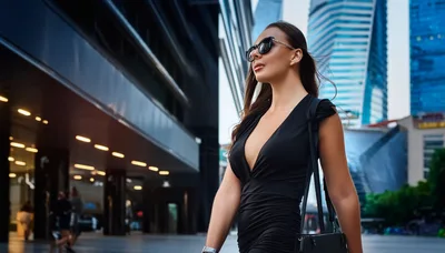 Stylish Woman Walking Through Modern City Business District