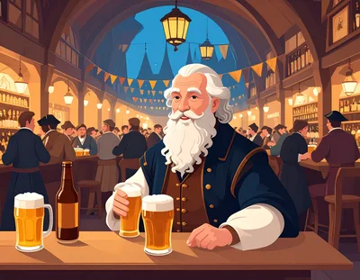Elderly Man With White Beard Drinking Beer In Tavern