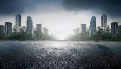 Post Apocalyptic Cityscape With Overgrown Ruined Skyscrapers
