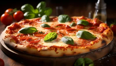 Fresh Pepperoni Pizza With Basil Leaves On Wooden Board