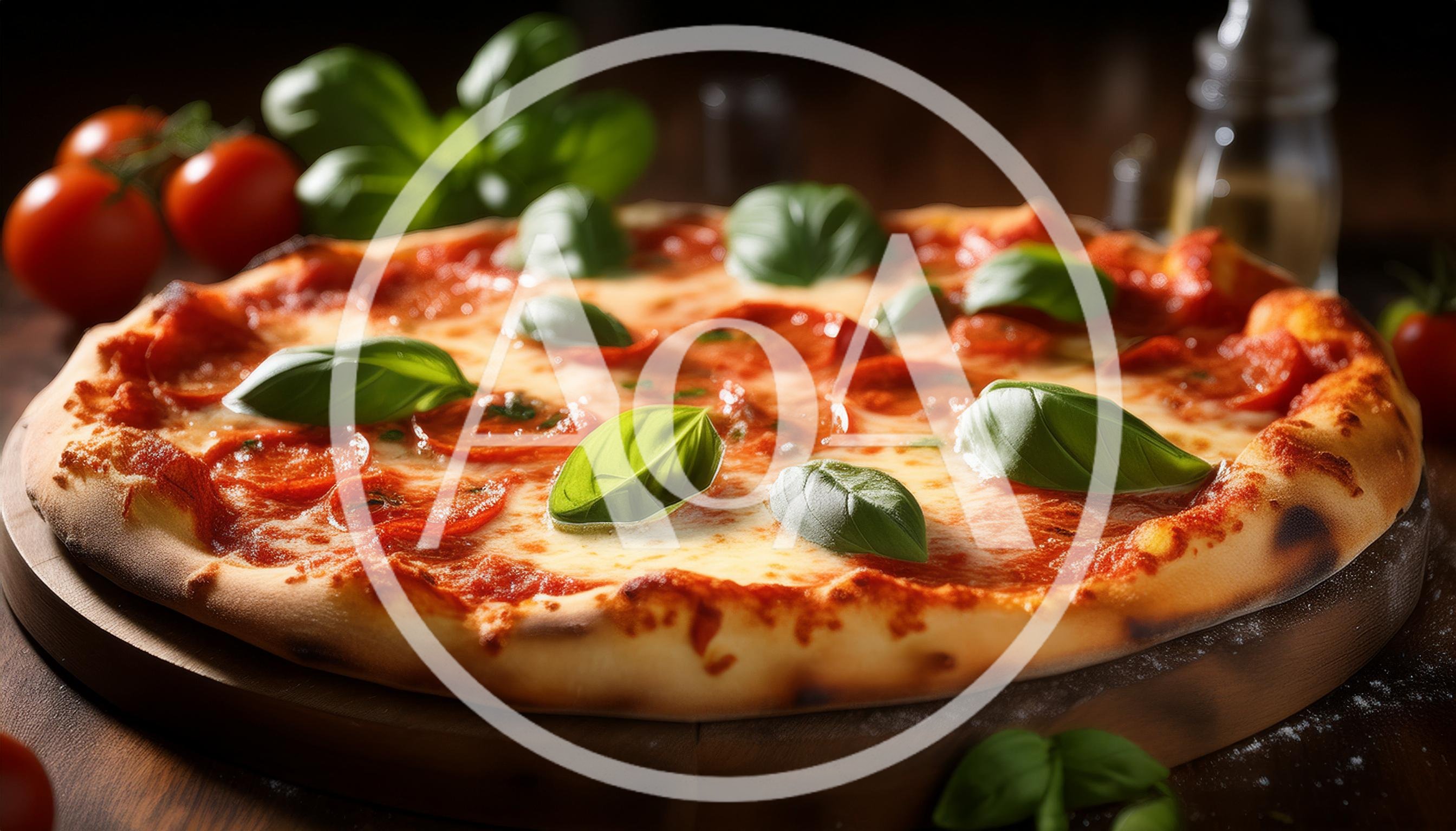 Fresh Pepperoni Pizza With Basil Leaves On Wooden Board