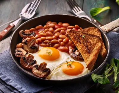 Full English Breakfast Served In A Cast Iron Skillet