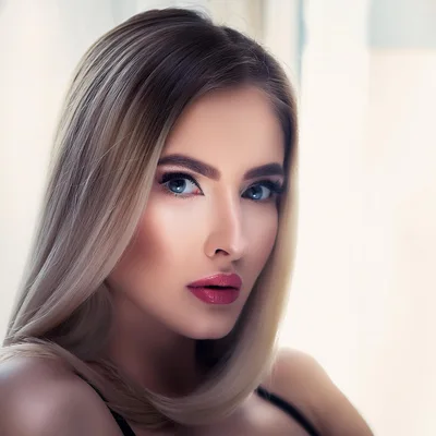 Portrait Of A Beautiful Blonde Woman With Blue Eyes
