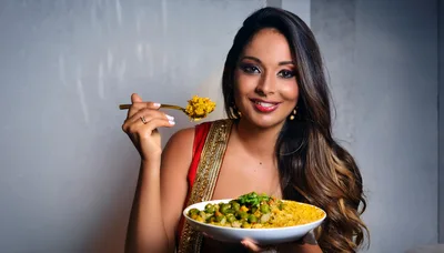 Indian Woman Eating Traditional Vegetable Pulao Dish