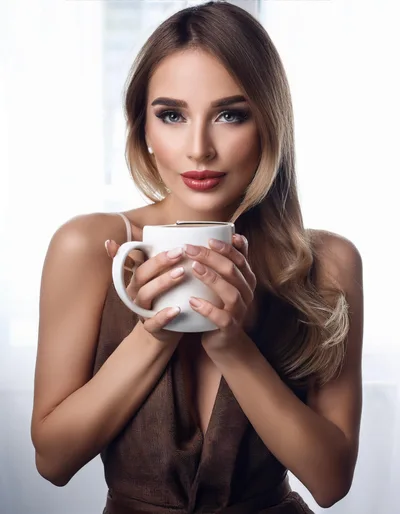 Beautiful Woman Holding A White Coffee Mug