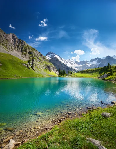 Alpine Lake With Snow Capped Mountains In Switzerland