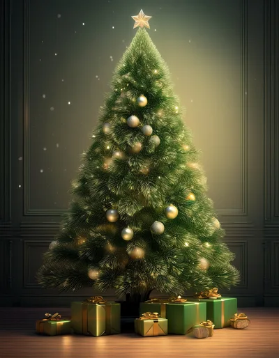 Elegant Christmas Tree With Wrapped Gifts In Dark Room