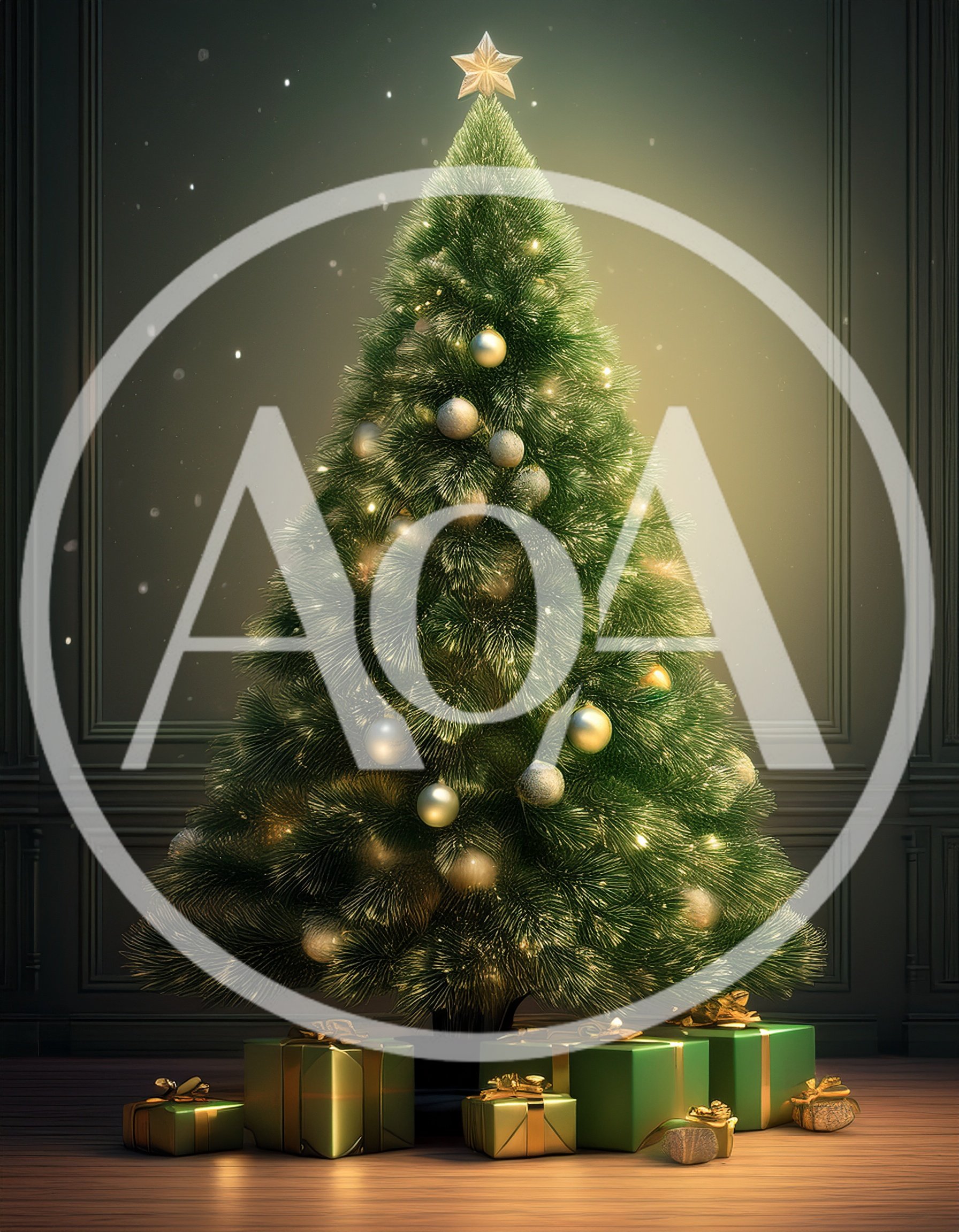 Elegant Christmas Tree With Wrapped Gifts In Dark Room