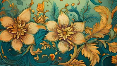 Ornate Floral Pattern With Golden Flowers And Teal Foliage
