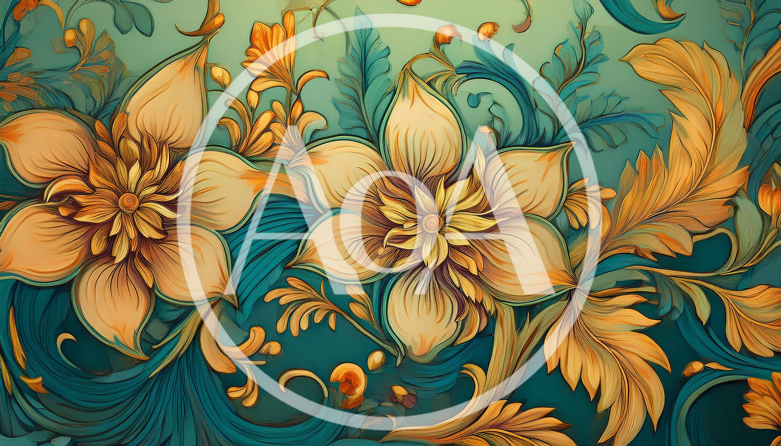 Ornate Floral Pattern With Golden Flowers And Teal Foliage