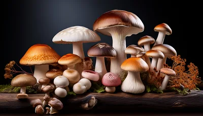 Diverse Assortment Of Wild Mushrooms On A Log