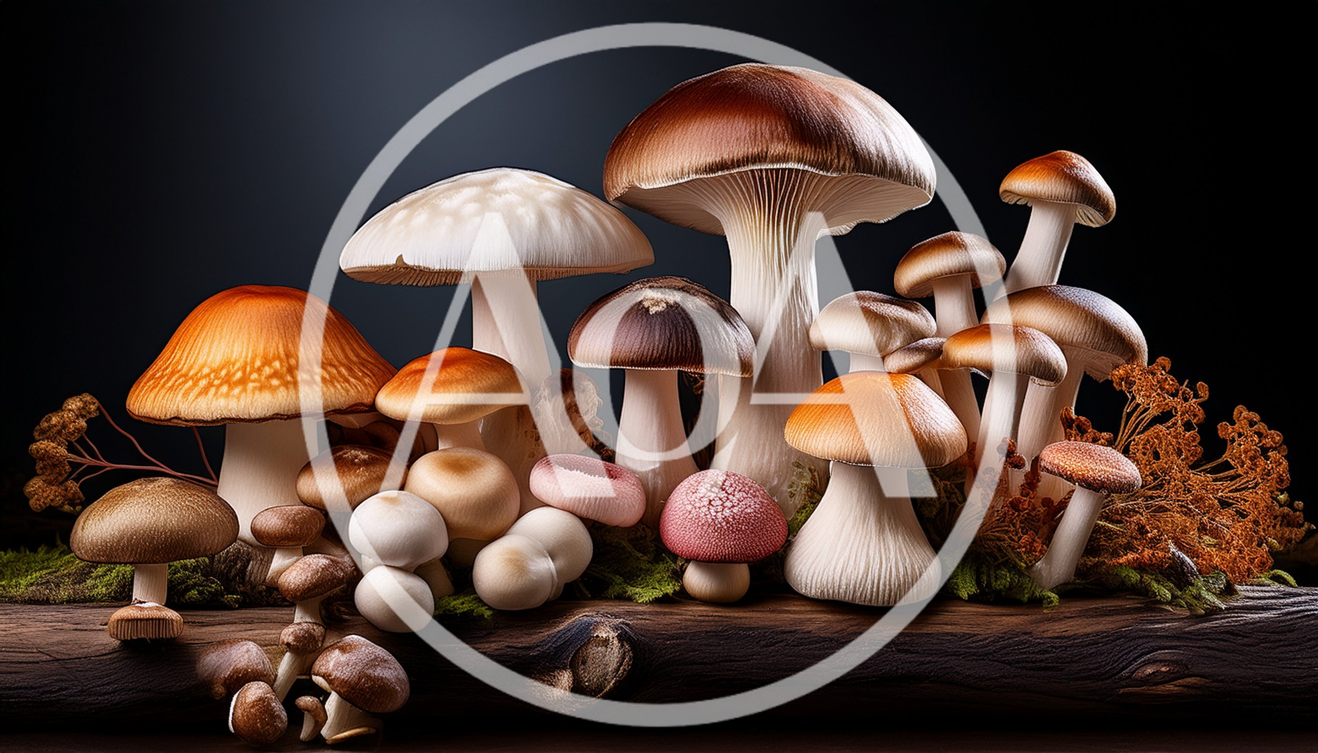 Diverse Assortment Of Wild Mushrooms On A Log