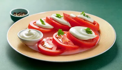 Fresh Tomato Slices With Creamy Sauce On A Plate