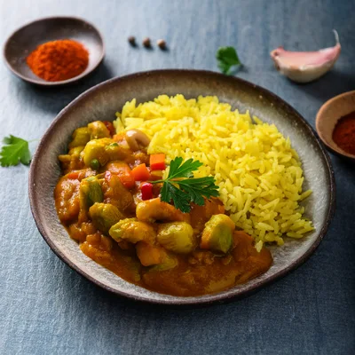 Bowl Of Vegetable Curry With Yellow Rice