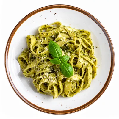 Top View Of Tagliatelle Pasta With Pesto Sauce