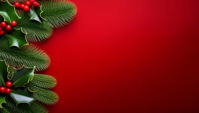 Christmas Holly and Pine Branches on Red Background