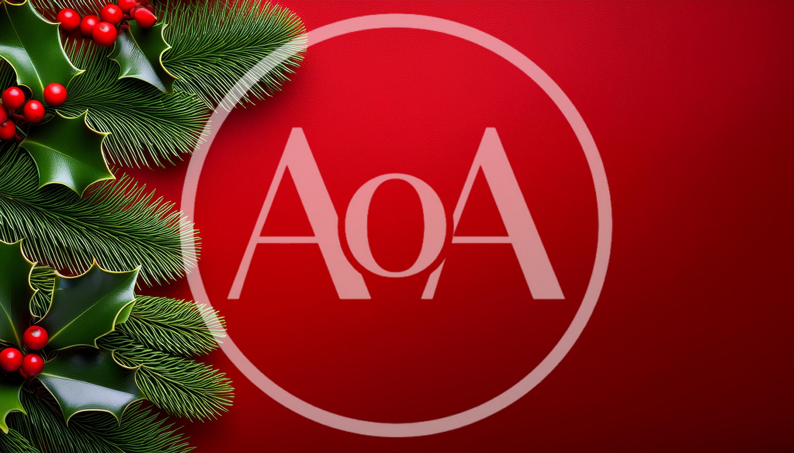 Christmas Holly and Pine Branches on Red Background