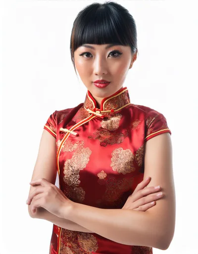 Young Asian Woman Wearing Traditional Red Cheongsam Dress