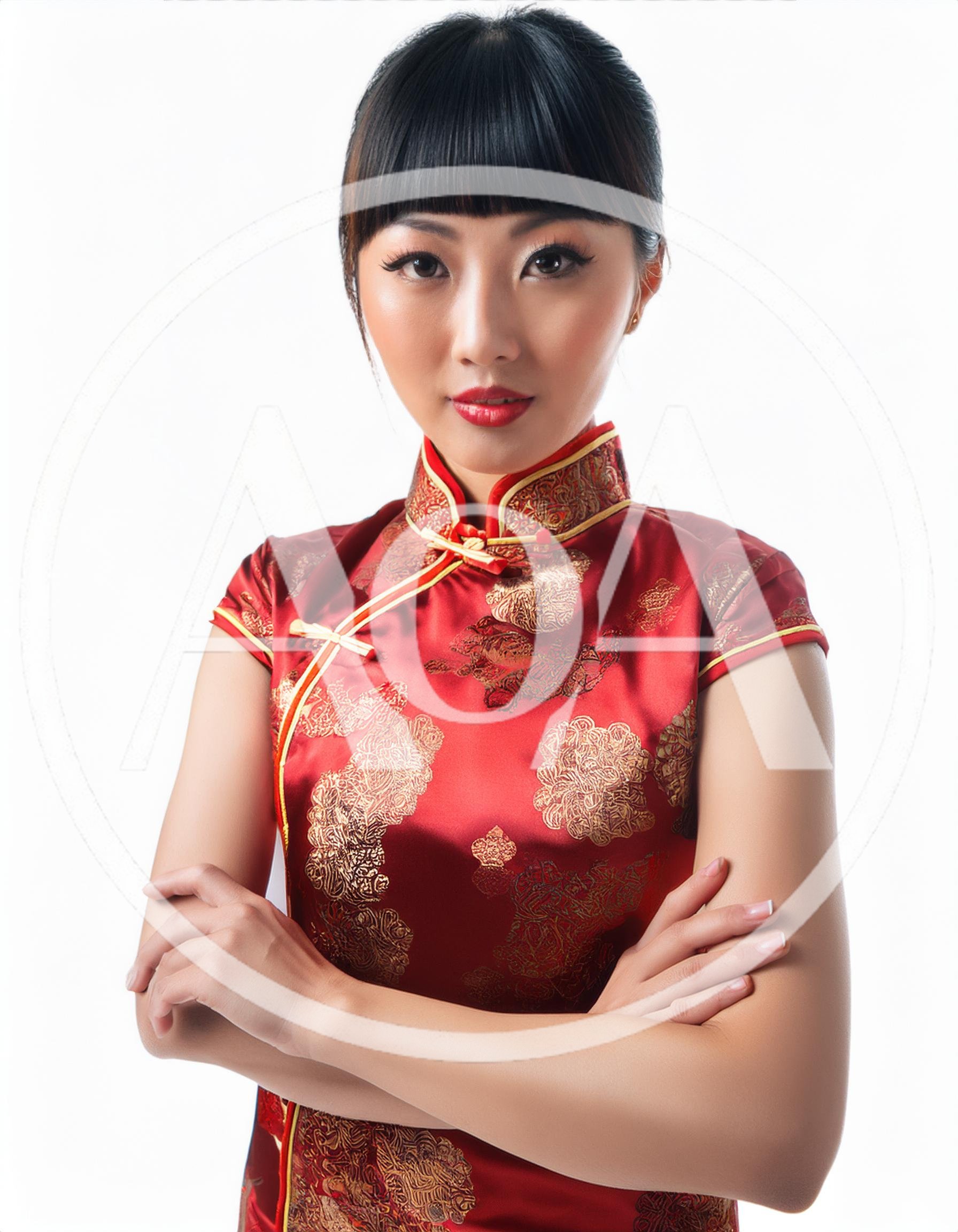 Young Asian Woman Wearing Traditional Red Cheongsam Dress
