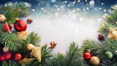 Christmas Holiday Background With Ornaments And Pine Branches