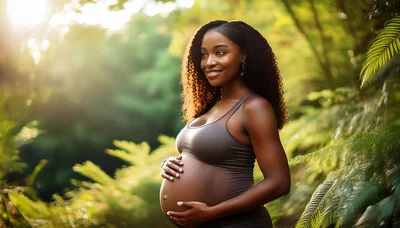 Pregnant Woman Smiling In A Lush Tropical Forest
