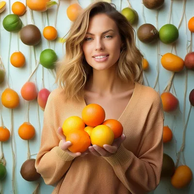 Young Woman Holding Fresh Oranges Against Fruit Wall