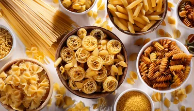 Assorted Dry Pasta Varieties in Bowls