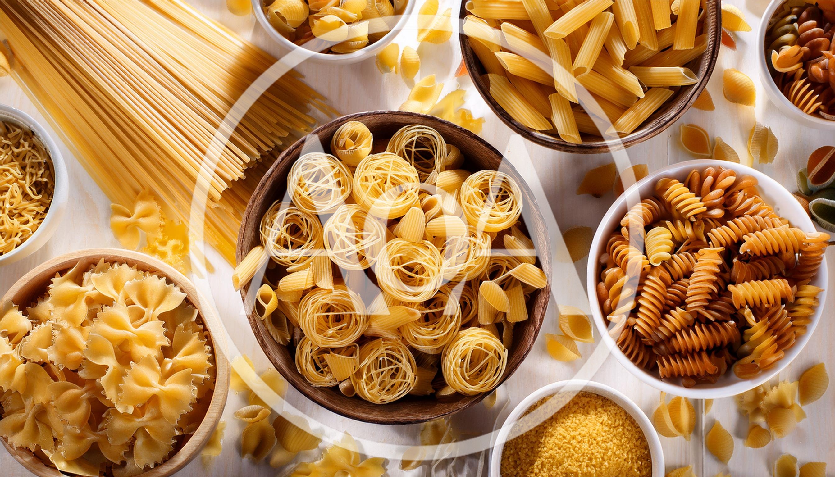 Assorted Dry Pasta Varieties in Bowls