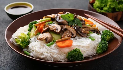 Stir Fried Rice Noodles With Mushrooms And Vegetables