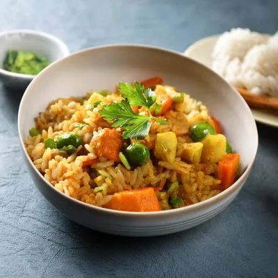 Bowl Of Vegetable Fried Rice With Fresh Herbs