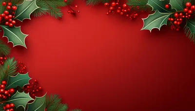 Christmas Holly and Pine Branch Border on Red Background