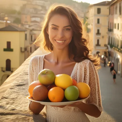 Young Woman Holding A Plate Of Fresh Fruit