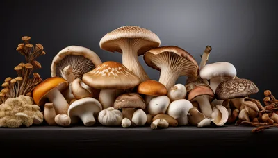 Assorted Edible Mushrooms Arranged On A Dark Surface