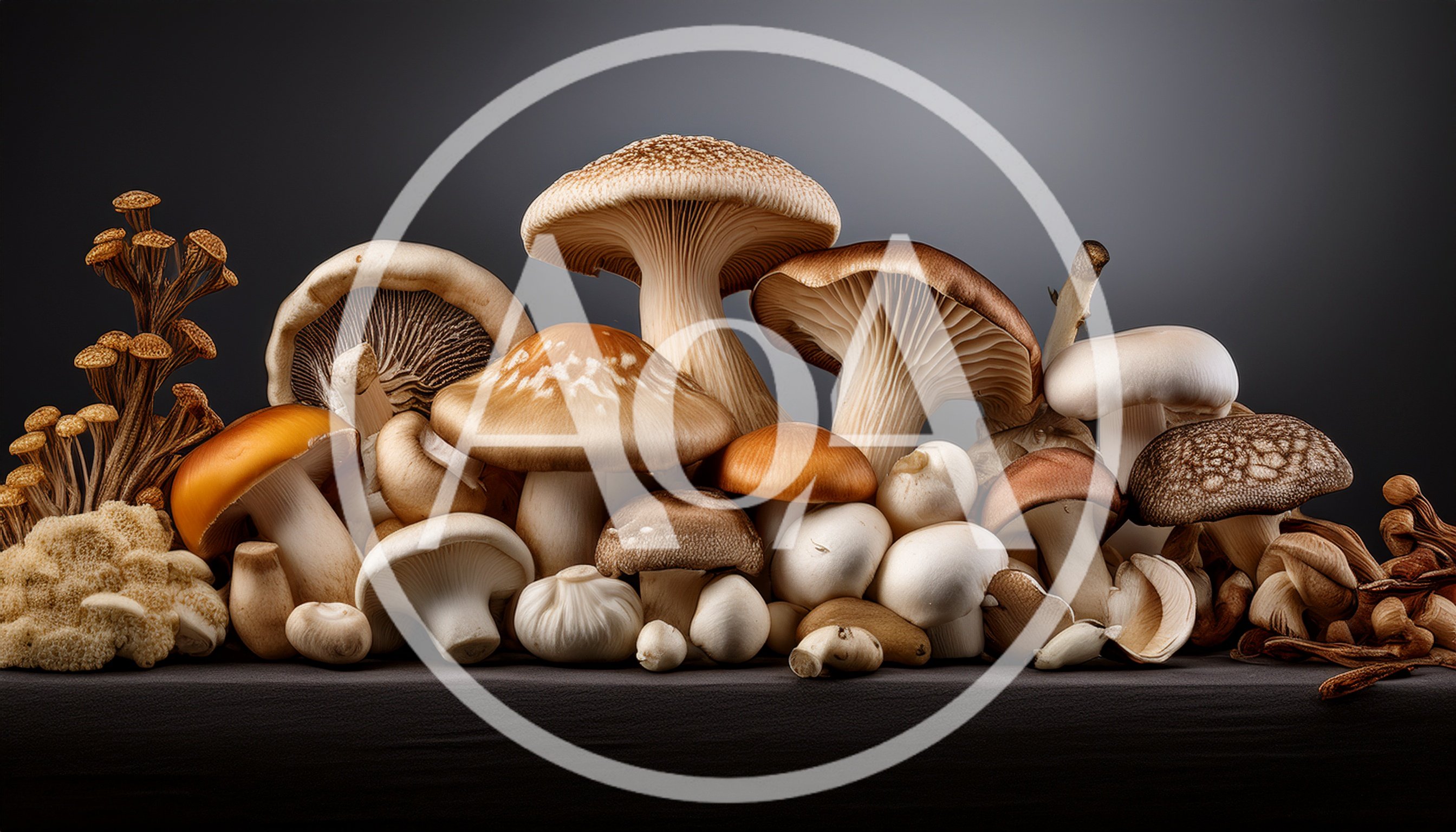 Assorted Edible Mushrooms Arranged On A Dark Surface