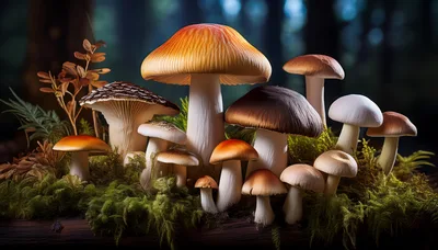 Diverse Group Of Wild Mushrooms In Forest Moss