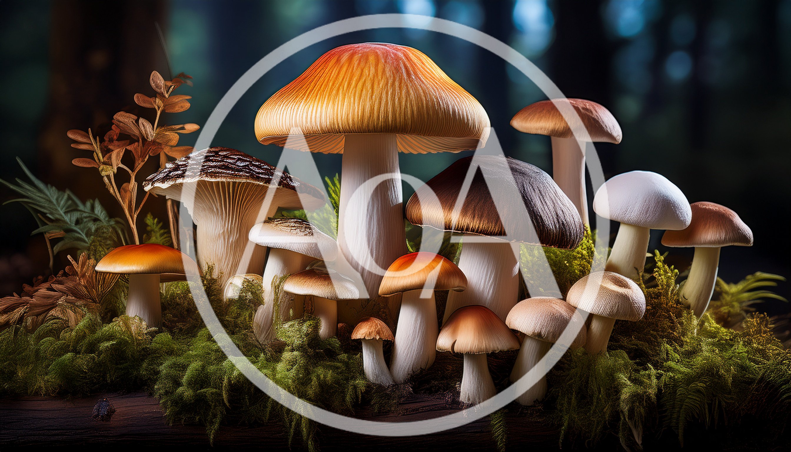 Diverse Group Of Wild Mushrooms In Forest Moss
