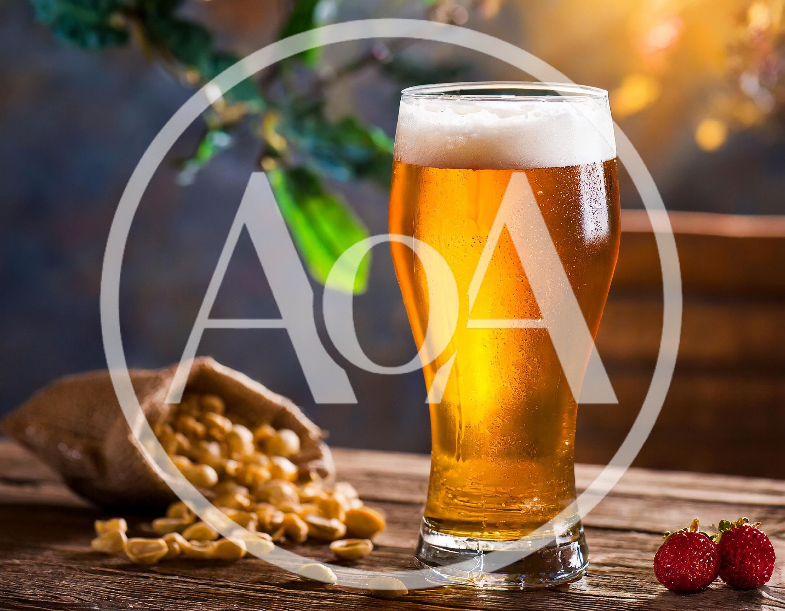 Glass Of Golden Beer With Peanuts And Strawberries