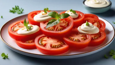 Fresh Tomato Slices Topped With Creamy Mayonnaise