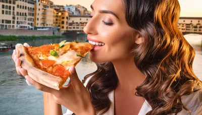 Young Woman Eating Pizza Slice Overlooking Florence River