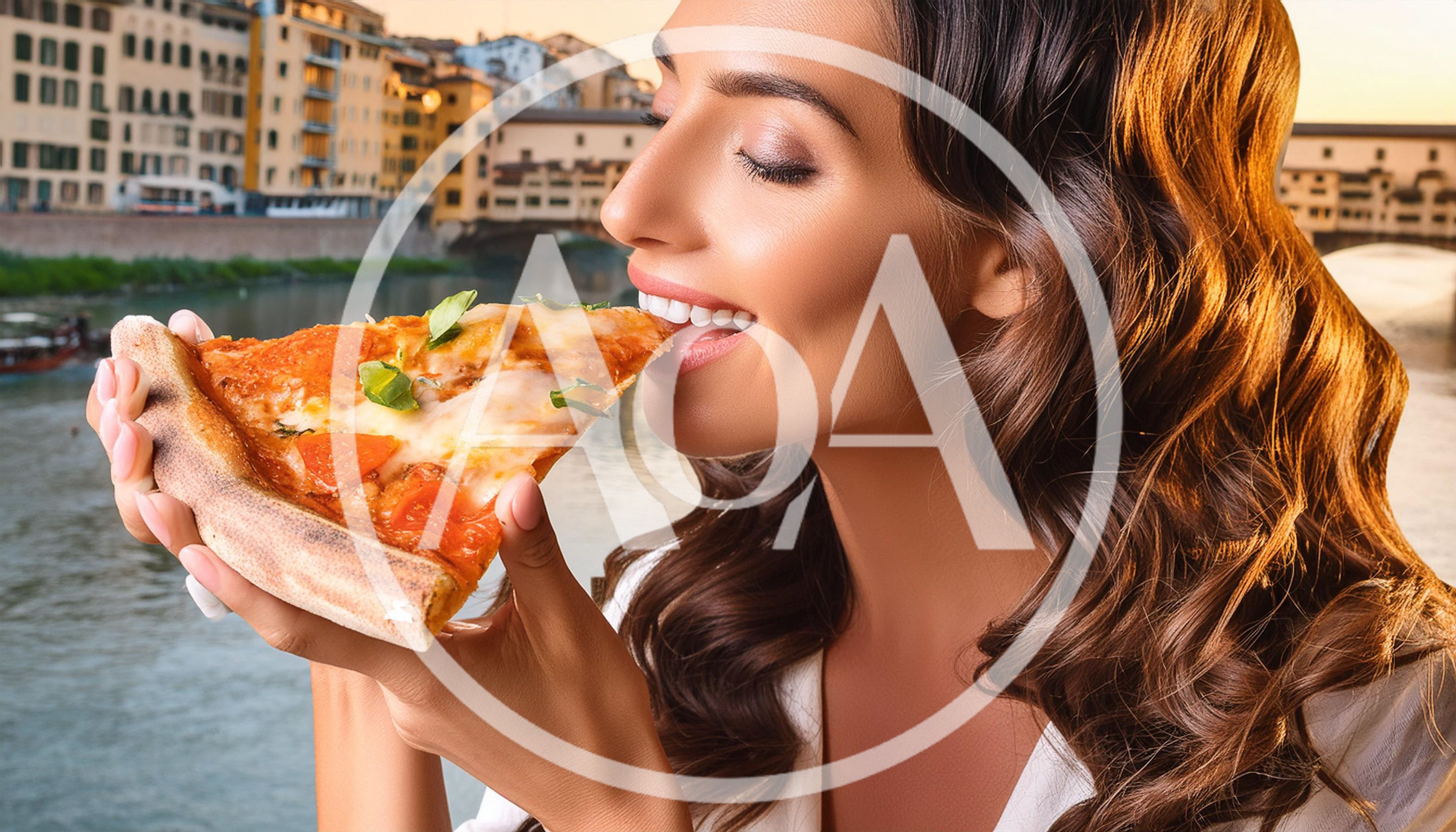 Young Woman Eating Pizza Slice Overlooking Florence River
