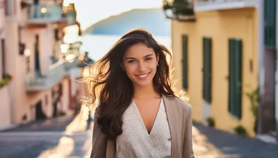 Young Woman Smiling Outdoors In A Mediterranean Village