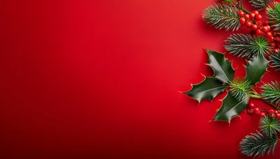 Christmas Holly and Pine Branches on Red Background
