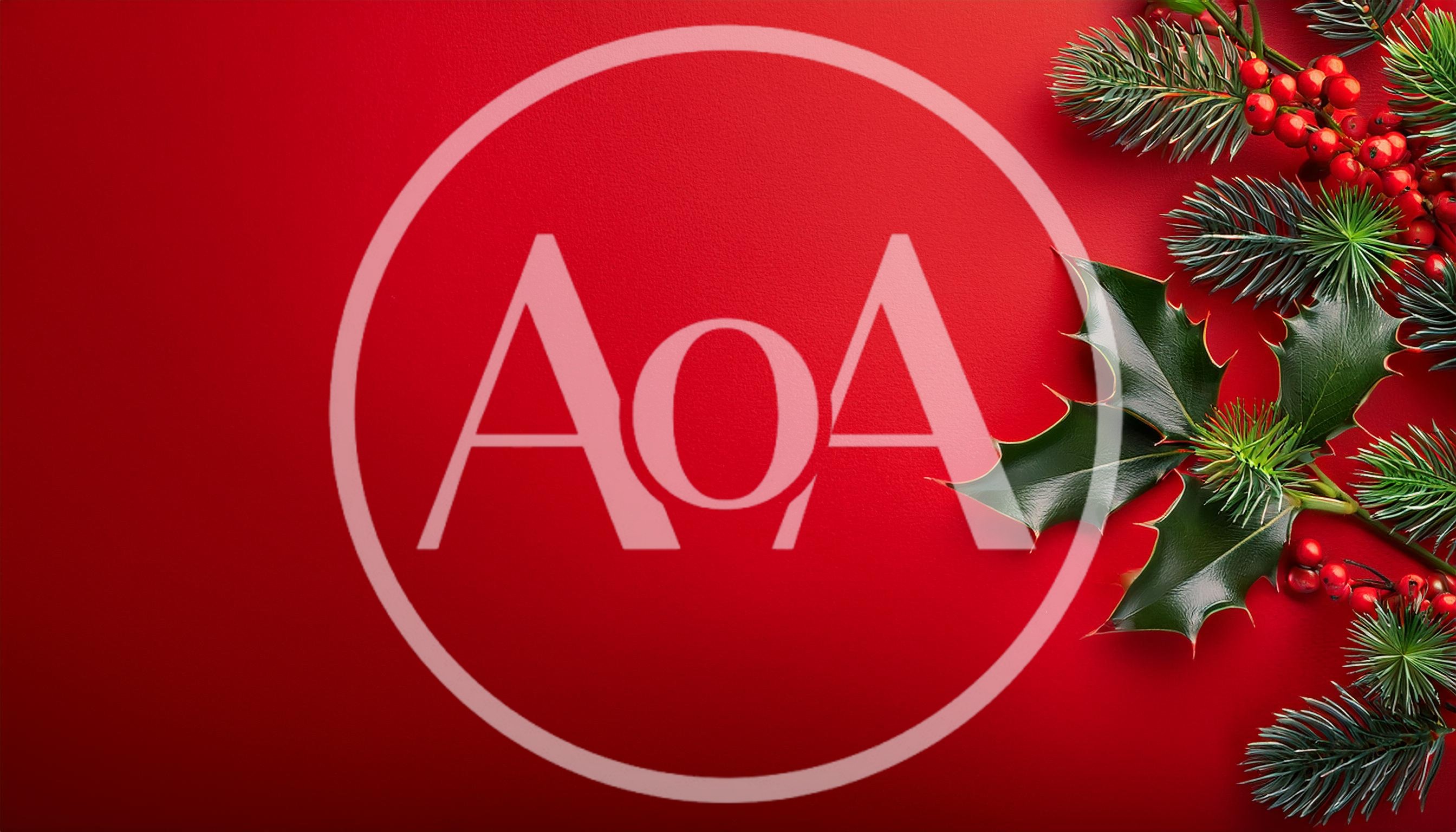 Christmas Holly and Pine Branches on Red Background