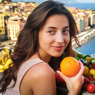 Young Woman Holding Fresh Orange Overlooking Italian Coastal Town