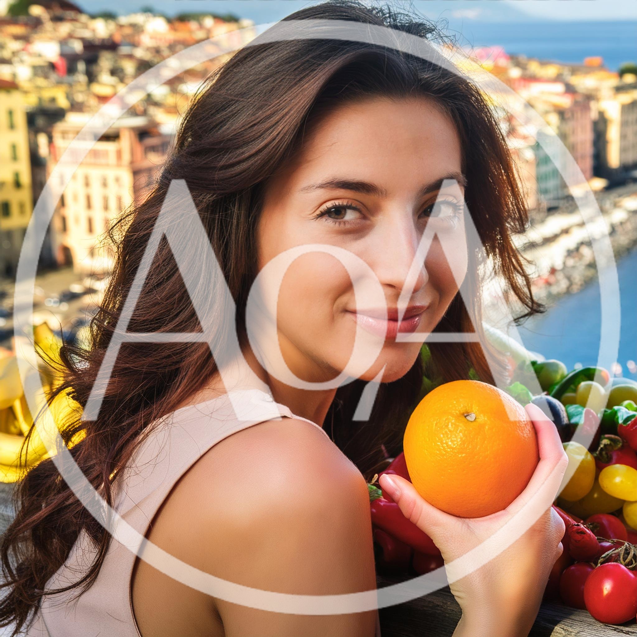 Young Woman Holding Fresh Orange Overlooking Italian Coastal Town